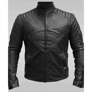 Mens Black Leather Superman Logo Biker Jacket Moto Style